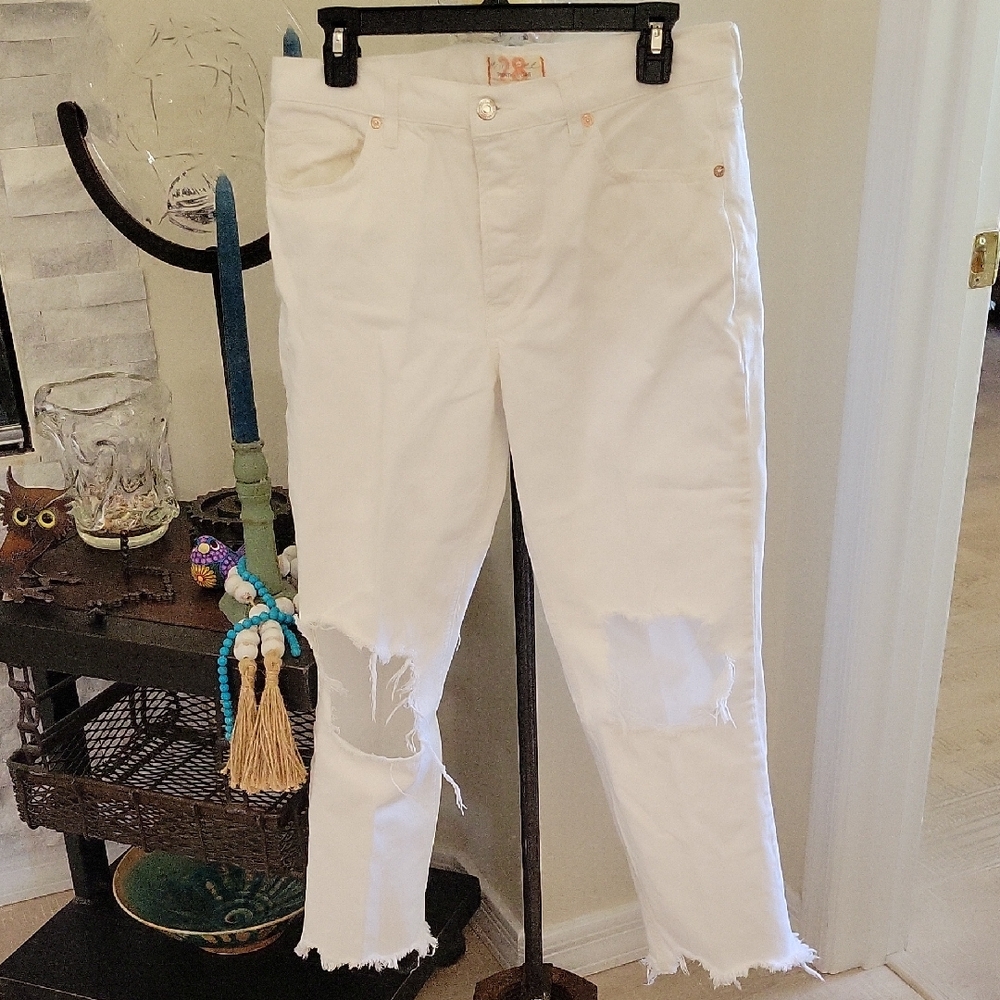 Free People, We The Free White Boyfriend Jeans High-Waisted Distressed